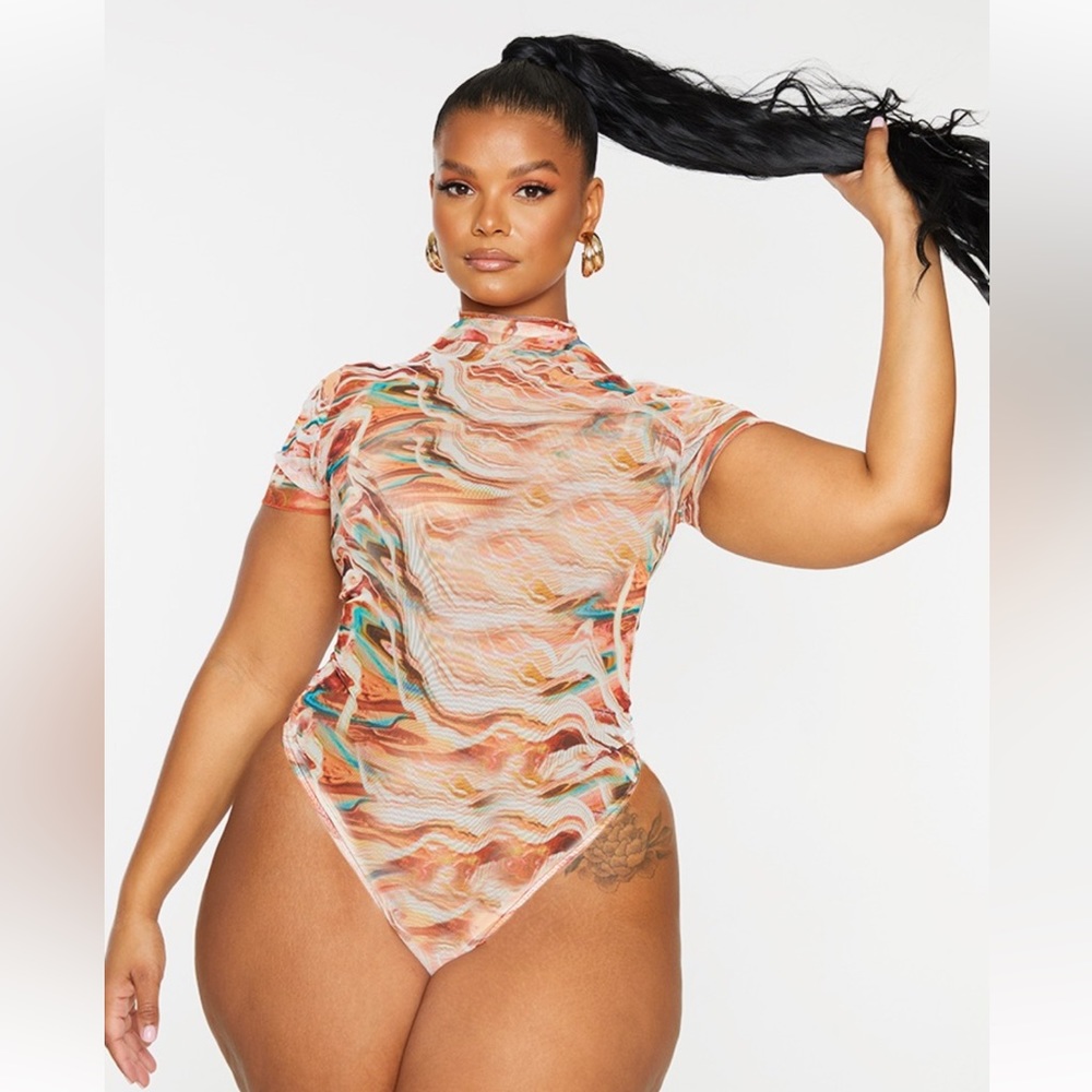 PLT Plus Brown Marble Print Short Sleeve Mesh Bodysuit